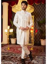 Art Silk Cream Wedding Wear Thread Work Readymade Indo Western Sherwani